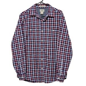 LL Bean Slightly Fitted Flannel Longsleeve MREG Plaid Red Navy Blue 100% Cotton